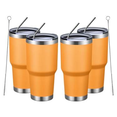 Imagem de MEWAY Copo Térmico De 30 Oz Com Tampa E Canudo, Café A Vácuo Duplo Aço Inoxidável, Escova, Revestimento Em Pó Durável Para Bebidas Quentes Frias, Escritório, Viagem (Laranja, Pacote 4)