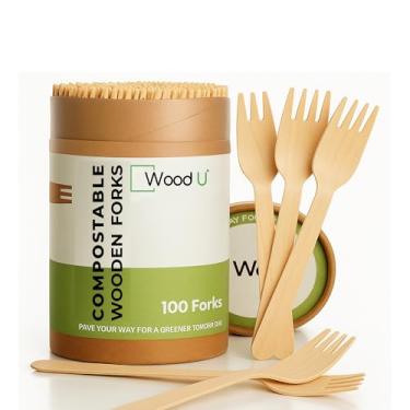 Imagem de Garfos de madeira descartáveis WoodU natural de madeira de bétula biodegradável utensílios talheres ecológicos, Madeira, 100