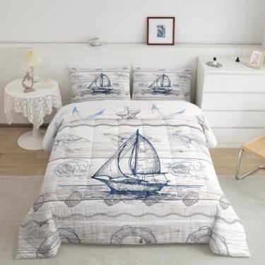 Imagem de Homewish Conjunto de edredom náutico de veleiro, solteiro, vida marinha, tartaruga, estrela-do-mar, para decoração de quarto de crianças, adolescentes e adultos, conjunto de colcha azul marinho