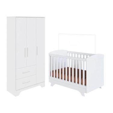 Imagem de Berço Mini Cama Branco + Guarda-roupa de Bebê - 2 Gavetas 3 Portas Mov