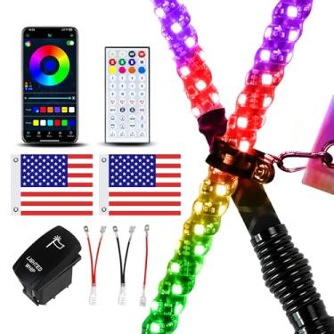 Imagem de VI9000 Pacote com 2 luzes de 3 pés com base de mola, luz de chicote de LED com aplicativo e controle remoto, chicotes iluminados em espiral RGB com interruptor basculante, luz de chicote de música
