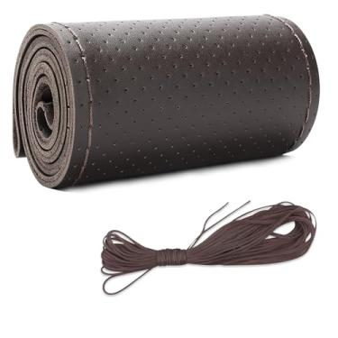 Imagem de Capa de volante de couro de microfibra, costura DIY com agulha e linha, protetor de volante de carro antiderrapante respirável, universal de 38 cm, costura automática para volante (café, orifício