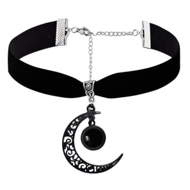Imagem de Rrdaily Colar gótico de cristal de lua estilo punk colar com pingente de lua vintage preto crescente, colares góticos escuros, bijuterias de fantasia, joias de ano novo para mulheres, Large, Cristal