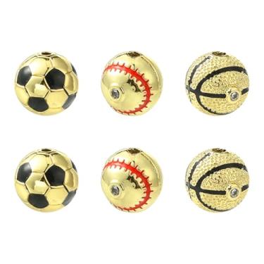 Imagem de LiQunSweet 6 peças, 3 estilos de contas esportivas de zircônia cúbica de latão bola de futebol basquete contas de beisebol para joias faça você mesmo, pulseira, colar, brinco, bolsa, chaveiro