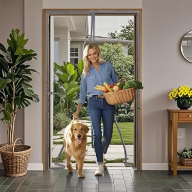 Imagem de Tela de tela com fecho magnético 76 x 203 cm, fibra de vidro resistente, cinza, mantenha os insetos do lado de fora, deixe a brisa entrar, para animais e crianças, portão para cães/gatos, cortina de