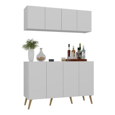 Imagem de Kit Bar Armário Aéreo E Aparador 4 Portas Retrô Multimóveis Mp1086 Branco/natural Branco/natural