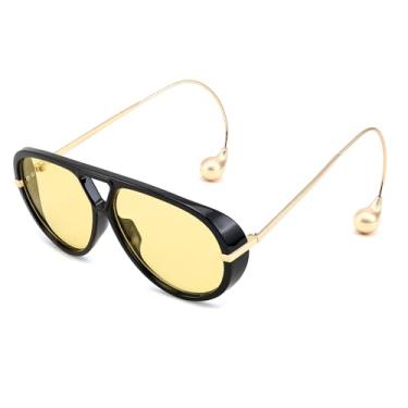 Imagem de FEISEDY Óculos de sol aviador grandes com design de brinco para mulheres, armação grande e luxuosa, óculos escuros de designer para mulheres B0296, Preto/Amarelo, 62mm