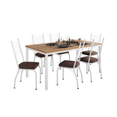 Imagem de Conjunto de Mesa Retangular com Tampo de MDP Amadeirado e 6 Cadeiras Adriana I Revestimento Sintético Imbuia e Branco