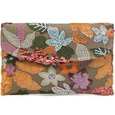 Imagem de Crbeqabe Bolsa de mão floral bordada de lantejoulas para noite com contas para festa de casamento, Laranja, One Size