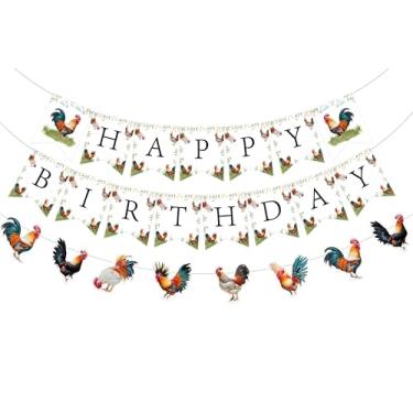 Imagem de JOYMEMO Banners de galo de feliz aniversário - decorações de festa de aniversário de galo para meninos e meninas, pré-amarrado galinha animais de fazenda filhotes tema celeiro suprimentos de festa