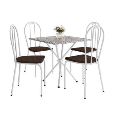 Imagem de Conjunto de Mesa Quadrada com Tampo Granito e 4 Cadeiras Léia Revestimento Sintético Branco e Cacau