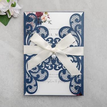 Imagem de FEIYI 20 peças de cartões de convite de casamento cortados a laser de 13 x 18 cm com envelopes e fitas para chá de panela, chá de bebê, convite de festa (azul marinho)