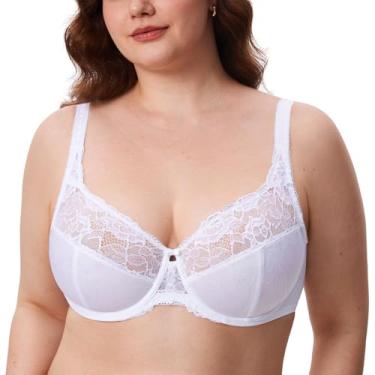 Imagem de DELIMIRA Sutiã de renda feminino tamanho plus size com cobertura total com aro sem linha e minimizador de renda Branco 40H