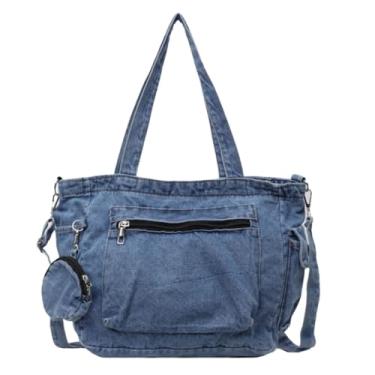 Imagem de Bolsa de ombro jeans, bolsa mensageiro casual retrô jeans, bolsa tiracolo grande Hobo para mulheres e homens 2024, C - Azul claro, One Size