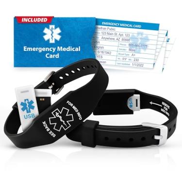 Imagem de Pulseira de alerta médico Elite II USB – Pulseira de silicone hipoalergênica com pen drive à prova d'água de 2 GB, placa de identificação gravada e cartão médico de emergência – Inclui acesso ao