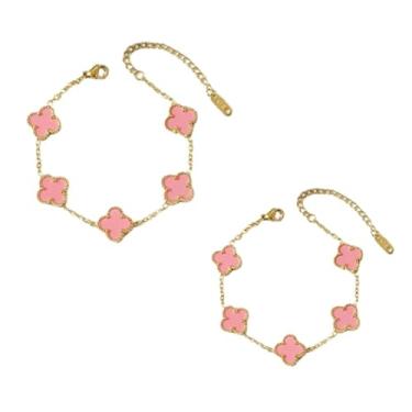 Imagem de Conjunto de 2 Pulseiras Trevo 4 Folhas em Aço Inox, Madrepérola Dupla Face (Rosa Bebê)