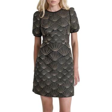 Imagem de DKNY Vestido feminino de manga curta com gola joia, caimento curto e flare, Preto/dourado, 46