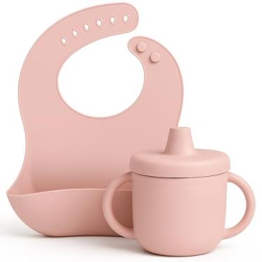 Imagem de Kit Alimentação Infantil Silicone – Copo Antivazamento com Canudo + Babador Coletor Ajustável – Livre de BPA, Ideal para Introdução Alimentar (Rosa)