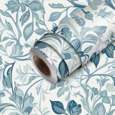 Imagem de HOMETITUTE Papel de parede botânico vintage azul descasque e cole papel de parede 45 cm x 300 cm revestimento de parede de vinil removível autoadesivo quarto cozinha banheiro decoração de casa