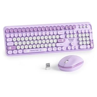 Imagem de Mosptnspg Teclado feminino e mouse sem fio, 2,4 GHz, lindo conjunto de teclado rosa com teclas redondas de máquina de escrever retrô para Windows, computadores, laptops, PC (bolinhas roxas)