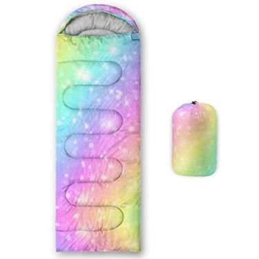 Imagem de QOOMO Sacos de dormir impermeáveis arco-íris para adultos e crianças, sacos de dormir impressos para acampamento, clima quente e frio para 3 estações, leve, viagem e ao ar livre, equipamento de
