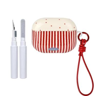 Imagem de Fycyko Capa protetora para AirPod Pro 2/Pro 1 geração com chaveiro listrado de bolinhas na moda bonita estética brilhante à prova de choque para AirPod Pro2/Pro1 com kit de limpeza - vermelho