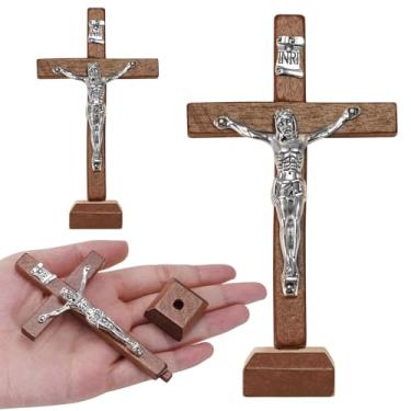 Imagem de YionZian 3 peças crucifixo de madeira de 4,2 polegadas em pé com base pequenas cruzes de madeira enfeite de mesa presentes católicos para Páscoa, primeira comunhão, igreja, casa, decoração de altar