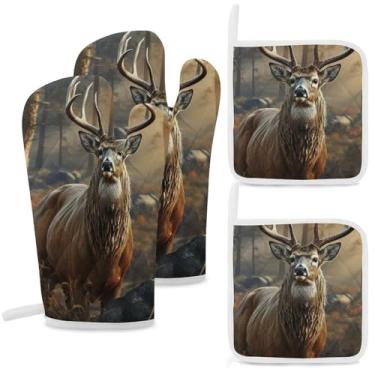 Imagem de Conjunto de luvas de forno e suportes de panela para temporada de caça de veados, luva de forno de cozinha altamente resistente ao calor para assar e cozinhar