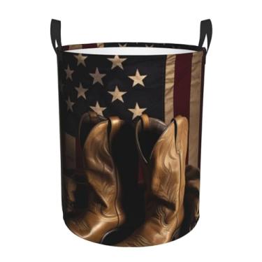 Imagem de Bandeira americana com botas de caubói cesta de lavanderia dobrável à prova d'água cesto de armazenamento de roupas com alças pano oxford organizador de brinquedos cesta para banheiro, lavanderia
