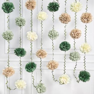 Imagem de Decorações de festa bege verde sálvia papel de seda flores pompom com fita de folha pendurado guirlanda para chá de bebê neutro, aniversário, casamento, despedida de solteira, safári, selva, floresta