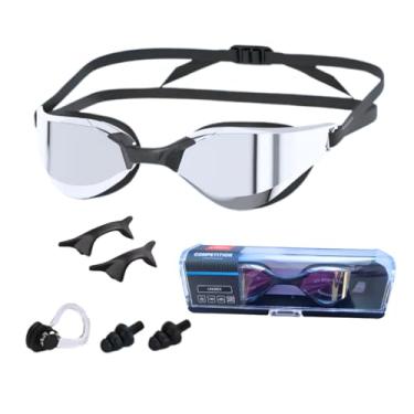 Imagem de Óculos de natação espelhado antiembaçante com proteção UV estojo, narigueira, protetor nasal e protetor de ouvido (Prata)