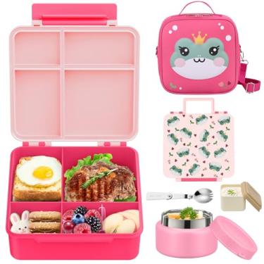 Imagem de Lancheira infantil Bento com garrafa térmica de 255 g, lancheira à prova de vazamento com 4 compartimentos, lancheira isolada para meninas, meninos, viagens escolares