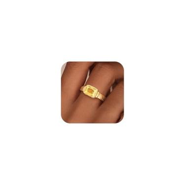 Imagem de ZHESHY Anéis de ouro para mulheres com pedra preciosa vintage não manchada, anéis de esmeralda, banhado a ouro 14 K, anel de polegar de zircônia cúbica, presente para aniversário, tamanho 6-10, Latão