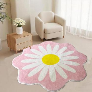 Imagem de Tapetes em forma de margarida de 1,2 m - Tapete de área floral redondo antiderrapante lavável, tapete macio e fofo para berçário, tapete circular estampado para quarto, dormitório e quarto de crianças