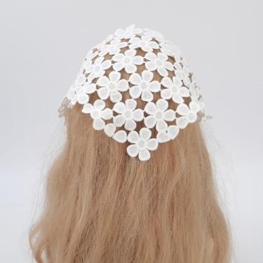 Imagem de Bandana de cabelo feminina branca bordada bandana ajustável lenço de renda flor cabeça cachecol vintage tricotado acessórios de cabelo para mulheres meninas
