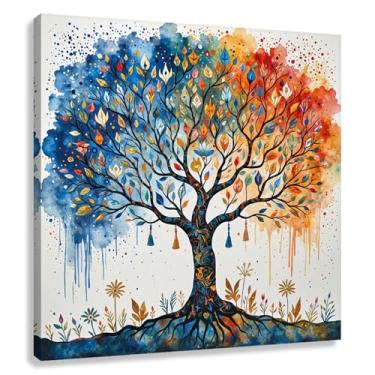 Imagem de Árvore da Vida Arte de Parede Impressão em Tela Life'S Harmony Decoração Azul Laranja Sala de Estar Quarto 40x40cmx1