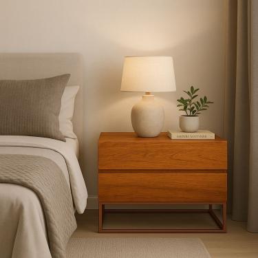 Imagem de Mesa De Cabeceira Retrô Alto Padrão Com 2 Gavetas Base Cobre Naturale