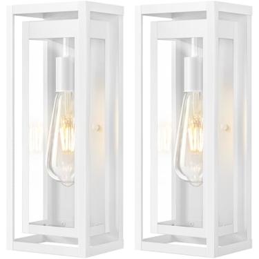 Imagem de Slypadan Luzes de parede externas grandes de 38 cm, pacote com 2 luminárias brancas para ambientes externos, arandelas de iluminação externa modernas à prova d'água com sombra de vidro transparente
