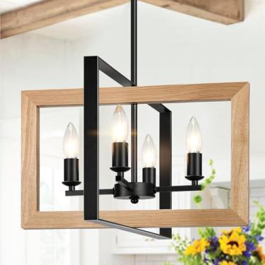 Imagem de Lustre de madeira natural de fazenda de 43 cm, (4 luzes, 43 cm), luminárias rústicas para sala de jantar sobre mesa, luminária suspensa ajustável para cozinha, sala de estar, hall de entrada, entrada