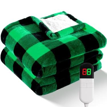 Imagem de Cobertor solteiro de Natal com aquecimento elétrico de 157,5 cm x 213,4 cm Sherpa Buffalo xadrez com 8 níveis de aquecimento e 8 horas de desligamento automático, cobertor lavável quente com