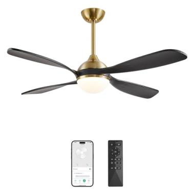 Imagem de ELEHINSER Ventilador de teto inteligente de 137 cm com luzes e controle remoto/aplicativo, 4 lâminas de madeira, motor CC reversível de 6 velocidades, regulável, ventilador de teto moderno para quarto