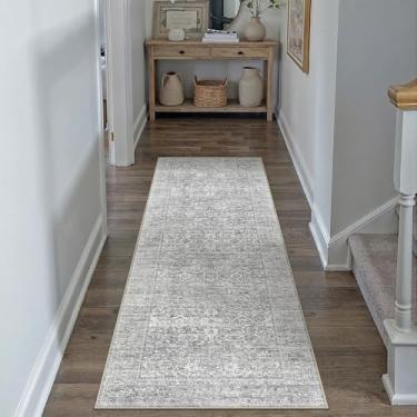Imagem de PureCozy Tapete de corredor 5 x 15 cinza lavável à máquina vintage corredor envelhecido tapete antiderrapante pilha baixa fino macio cozinha tradicional retrô detalhe floral tapete pequeno escritório