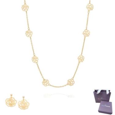 Imagem de Kit Conjunto Feminino Colar + Brincos Rosas Vazadas Banhados A Ouro 18