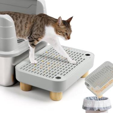 Imagem de Degrau de caixa de areia, rampa de caixa de areia para gatos, apanhador cinza com base de madeira para gatos para caixa de areia antirastreamento e fácil de limpar, ideal para gatinhos e gatos idosos