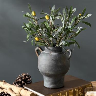 Imagem de LUKA Vaso de cerâmica antigo com 2 alças, vaso rústico de 18,5 cm, decoração minimalista, vasos decorativos para decoração de casa, mesa, sala de estar, prateleira, decoração de Natal (médio, preto)