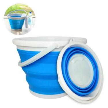 Imagem de Balde Dobrável Silicone Compacto 10L Azul Multiuso Camping Gelo Garraf