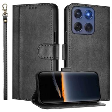 Imagem de JanCalm Capa carteira para Moto G Stylus 2025, compartimentos para dinheiro, alça de pulso, capa de design minimalista, proteção de couro PU premium, capas com flip de suporte (preto)