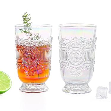 Imagem de Sungmor Copos iridescentes vintage - Conjunto de 2 copos em relevo, copos decorativos de 306 g para água, suco ou coquetéis - Copos barrocos elegantes para festas ou ocasiões especiais