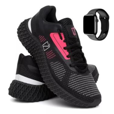Imagem de Kit Tênis Feminino Leve Academia Caminhada Corrida + Relógio Digital Estiloso | Conforto Diário | Para Esporte e Passeio (Preto-Rosa, BR, Adulto, Numérico, 35)