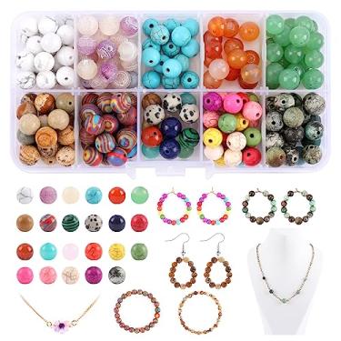 Imagem de 230 peças de contas de pedra natural para fabricação de joias, kit de contas redondas de pedras preciosas genuínas para colar de pulseira faça você mesmo brincos misturados lisos contas soltas a granel, turquesa, ágata, aventurina, jaspe pontual (8 mm)